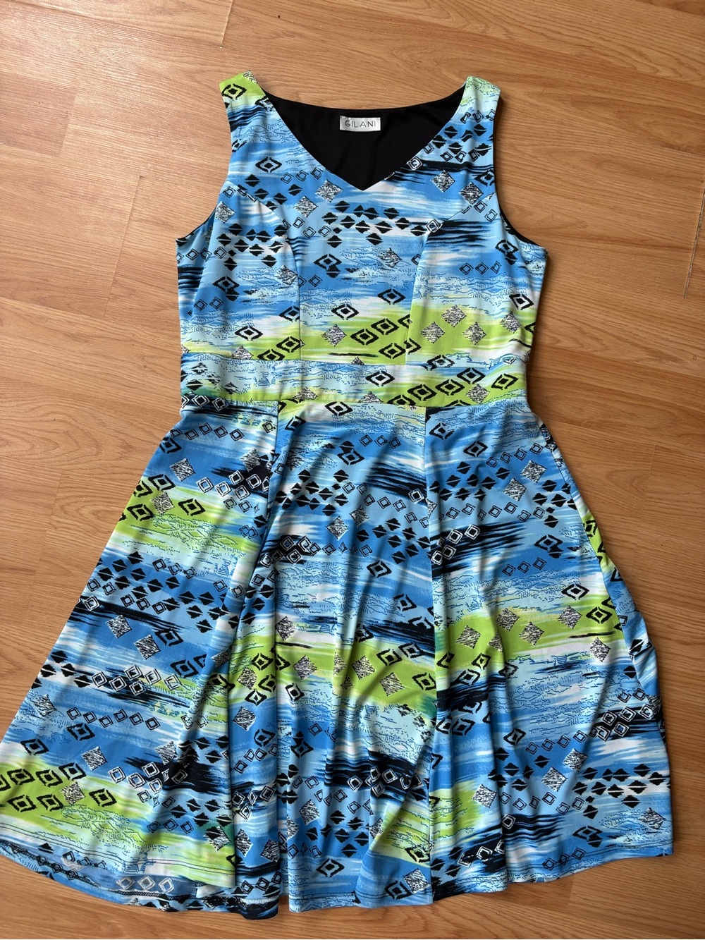 Gilani Blue & Lime V-Neck Fit-and-Flare Midi Dress Sz L